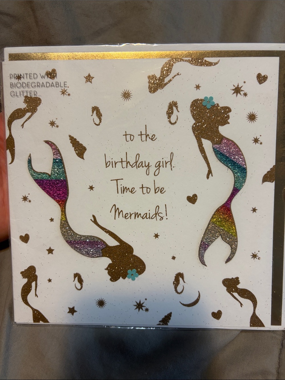 Birthday Card — Glitter Mermaid Design in Multicolor and Gold
